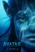 Close-up promotional poster for Avatar: The Way of Water showing the intense green eye of a blue Na'vi character against a dark, bioluminescent background.