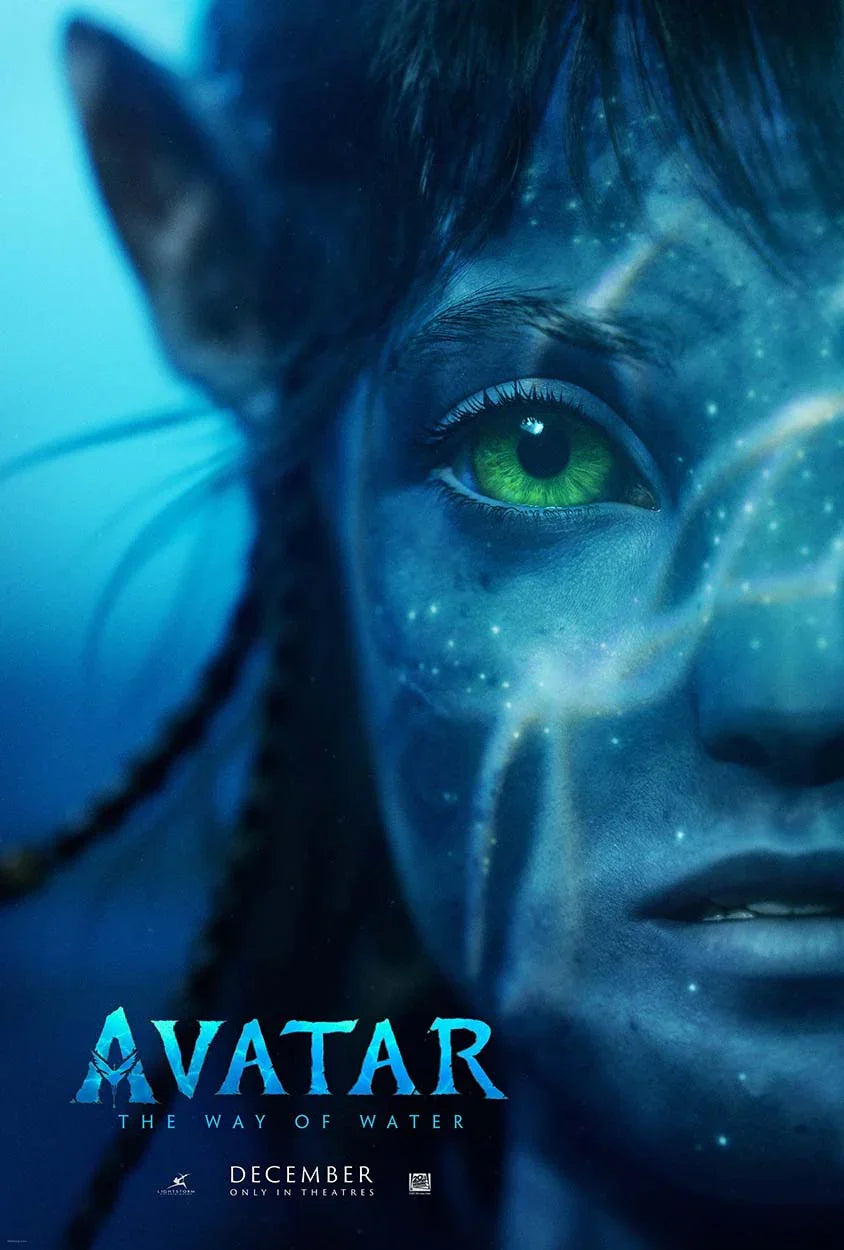 Close-up promotional poster for Avatar: The Way of Water showing the intense green eye of a blue Na'vi character against a dark, bioluminescent background.