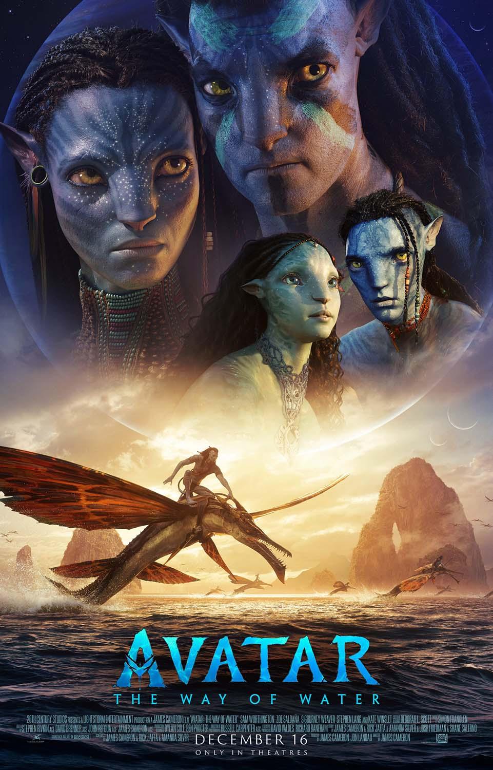 Official promotional poster for Avatar: The Way of Water featuring Jake, Neytiri, and the Na'vi children above a scene of flying over the ocean at sunset.