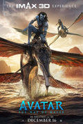 Official Avatar: The Way of Water theatrical poster showing Jake Sully riding a blue Skimwing over ocean waves at sunset.