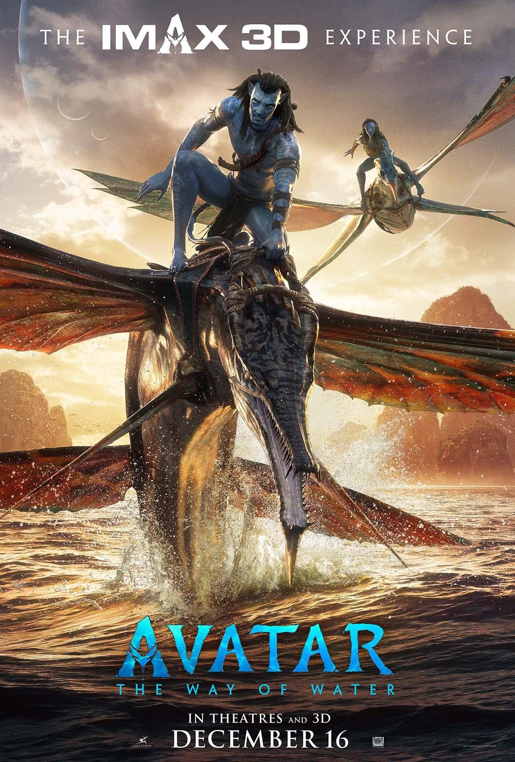 Official Avatar: The Way of Water theatrical poster showing Jake Sully riding a blue Skimwing over ocean waves at sunset.