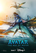 Official movie poster for Avatar: The Way of Water, showing Jake Sully riding a large, winged Skimwing over the ocean at sunset with other Na'vi figures.