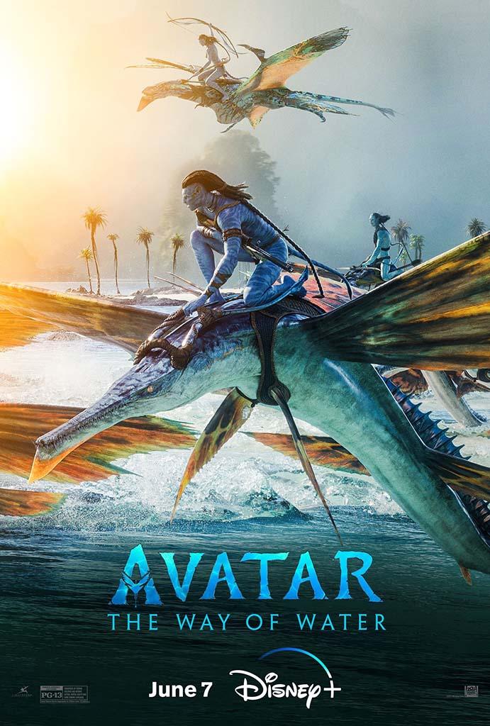 Official movie poster for Avatar: The Way of Water, showing Jake Sully riding a large, winged Skimwing over the ocean at sunset with other Na'vi figures.