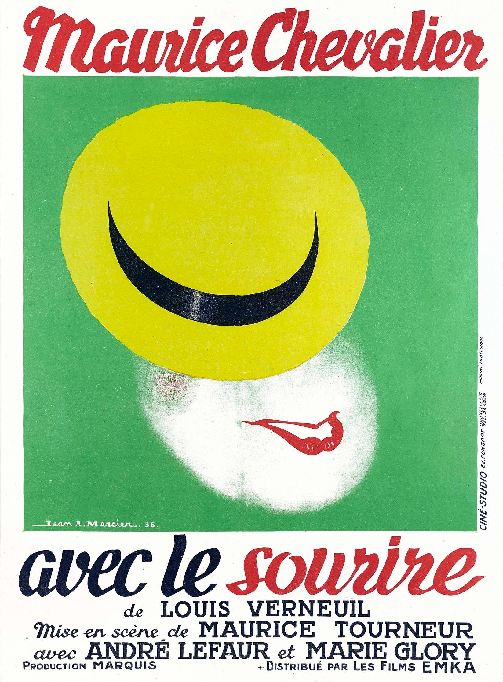 1936 French Art Deco movie poster for "Avec le sourire" starring Maurice Chevalier, featuring a yellow stylized smiling face graphic.