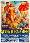 Vintage 1959 Avventura a Capri movie poster with beach scene, sunbathers, and bright umbrellas