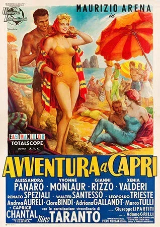 Vintage 1959 Avventura a Capri movie poster with beach scene, sunbathers, and bright umbrellas