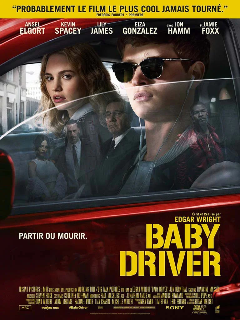 Baby Driver movie poster featuring Ansel Elgort (Baby) and Lily James (Debora) in a red car, overlaid with the main supporting cast.