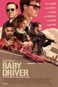 Illustrated poster for Baby Driver featuring Ansel Elgort, Kevin Spacey, Jamie Foxx, and the main cast above a red getaway car speeding through Atlanta.