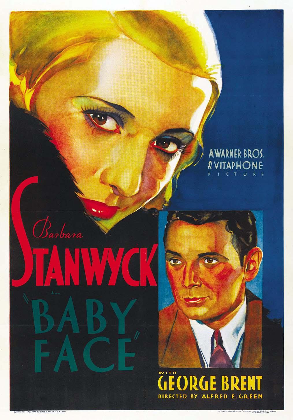Original movie poster for the 1933 film Baby Face, featuring a close-up, dramatic portrait of Barbara Stanwyck and a smaller image of George Brent against a dark, colorful background.