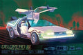 Illustration of DeLorean time machine from Back to the Future with gull-wing doors open and greenish background