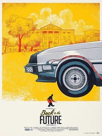Illustrated Back to the Future poster featuring the DeLorean car with a yellow sky and clock tower in the background