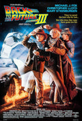 Original theatrical poster for Back to the Future Part III showing Marty, Doc, and Clara in Western wear next to the DeLorean on train tracks.