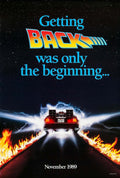 Original theatrical poster for Back to the Future Part II, showing the DeLorean time machine speeding away and leaving trails of fire on the asphalt under a starry sky.