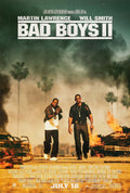 Bad Boys II original movie poster showing Will Smith and Martin Lawrence walking away from burning car wreckage with smoke and palm trees.