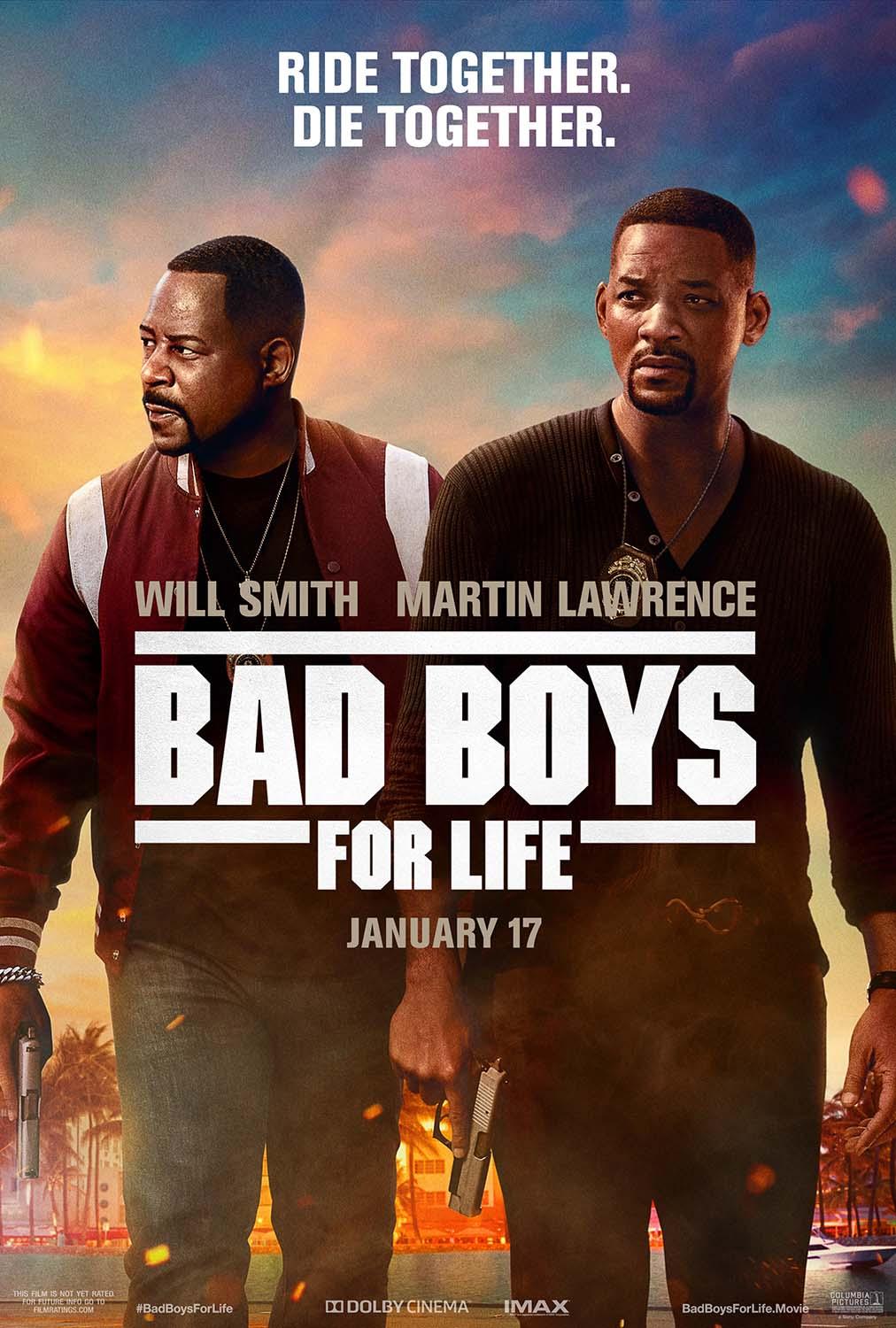 Will Smith and Martin Lawrence standing ready with pistols in the official Bad Boys for Life film poster, against a Miami sunset backdrop.