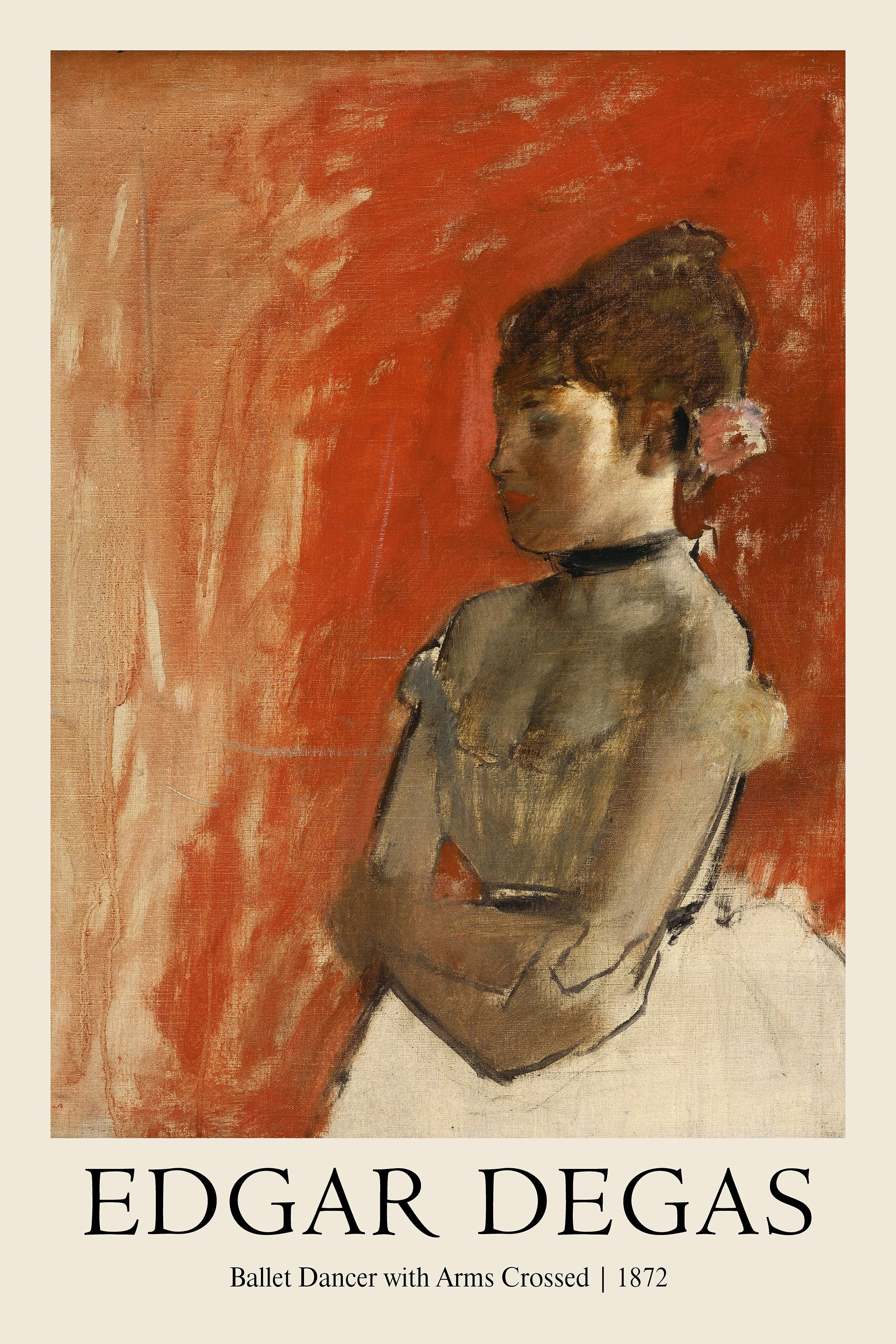 Famous Edgar Degas painting print, "Ballet Dancer with Arms Crossed" (1872), showing a figure against a vibrant red, textured background.