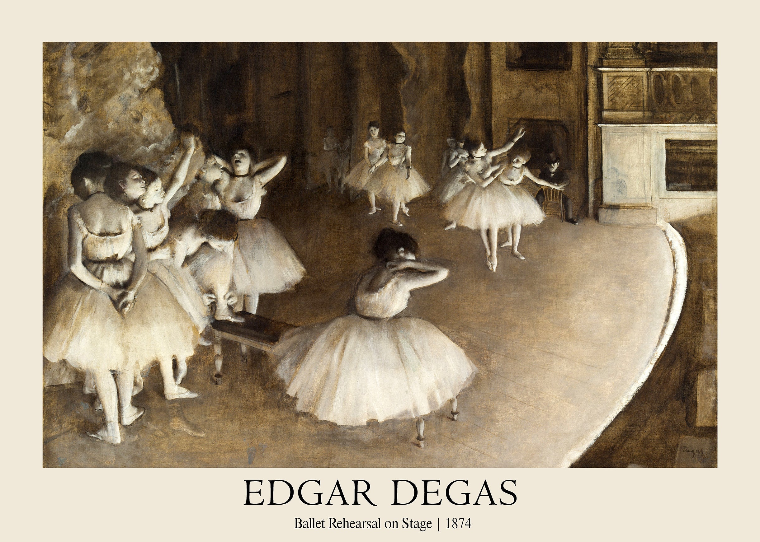 Impressionist painting by Edgar Degas showing multiple ballerinas in white tutus stretching during a ballet rehearsal backstage.