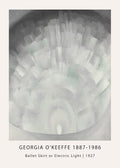 Abstract oil painting by Georgia O'Keeffe, "Ballet Skirt or Electric Light," featuring radiating geometric light patterns in gray and white.