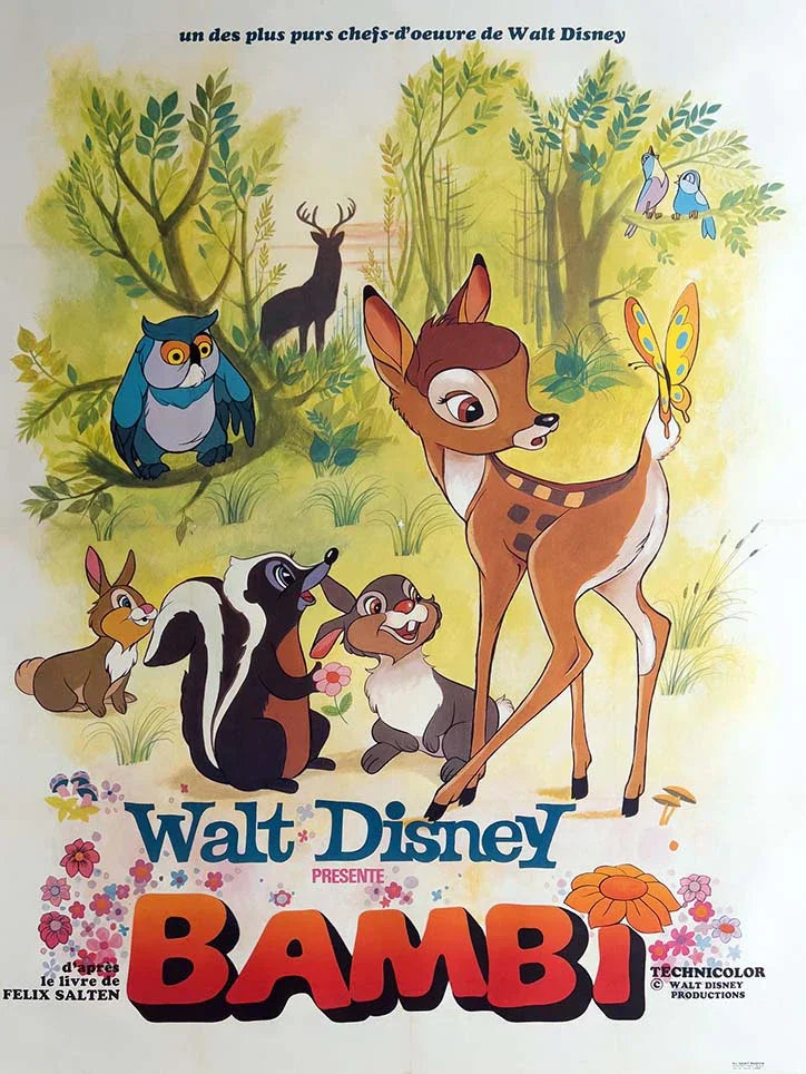 Vintage French Bambi movie poster featuring Bambi, Thumper the Rabbit, Flower the Skunk, and Friend Owl in the forest setting.