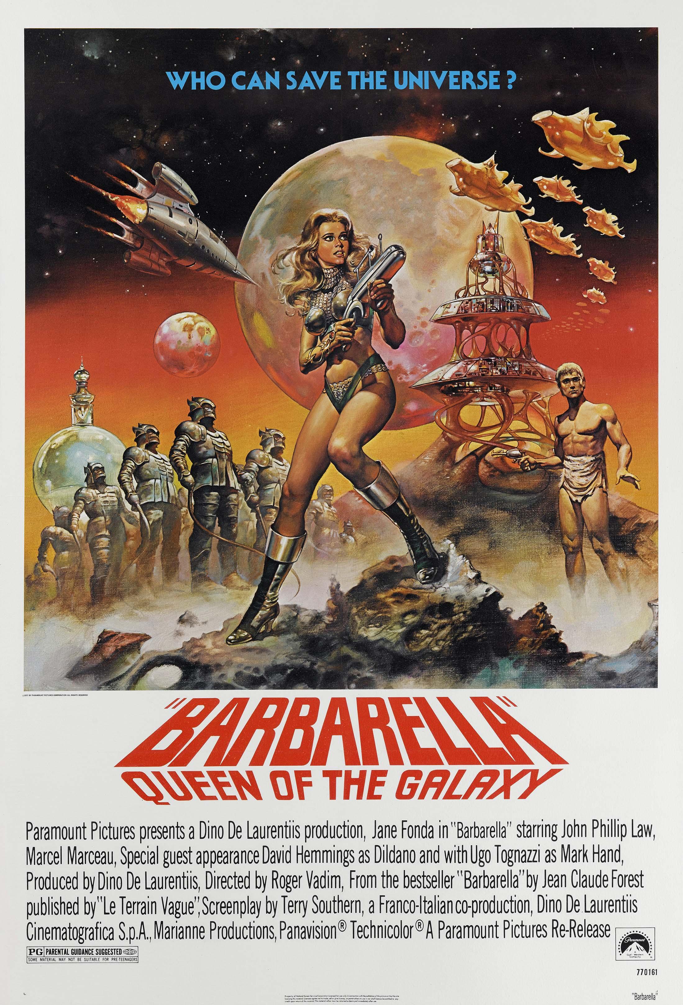 Original Barbarella 1968 movie poster showing Jane Fonda holding a ray gun on an alien planet with spaceships and planets in the background.