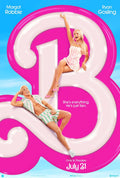 Official Barbie movie poster showing Margot Robbie and Ryan Gosling against a giant pink 'B' shape on a bright blue background, embodying the film's aesthetic.