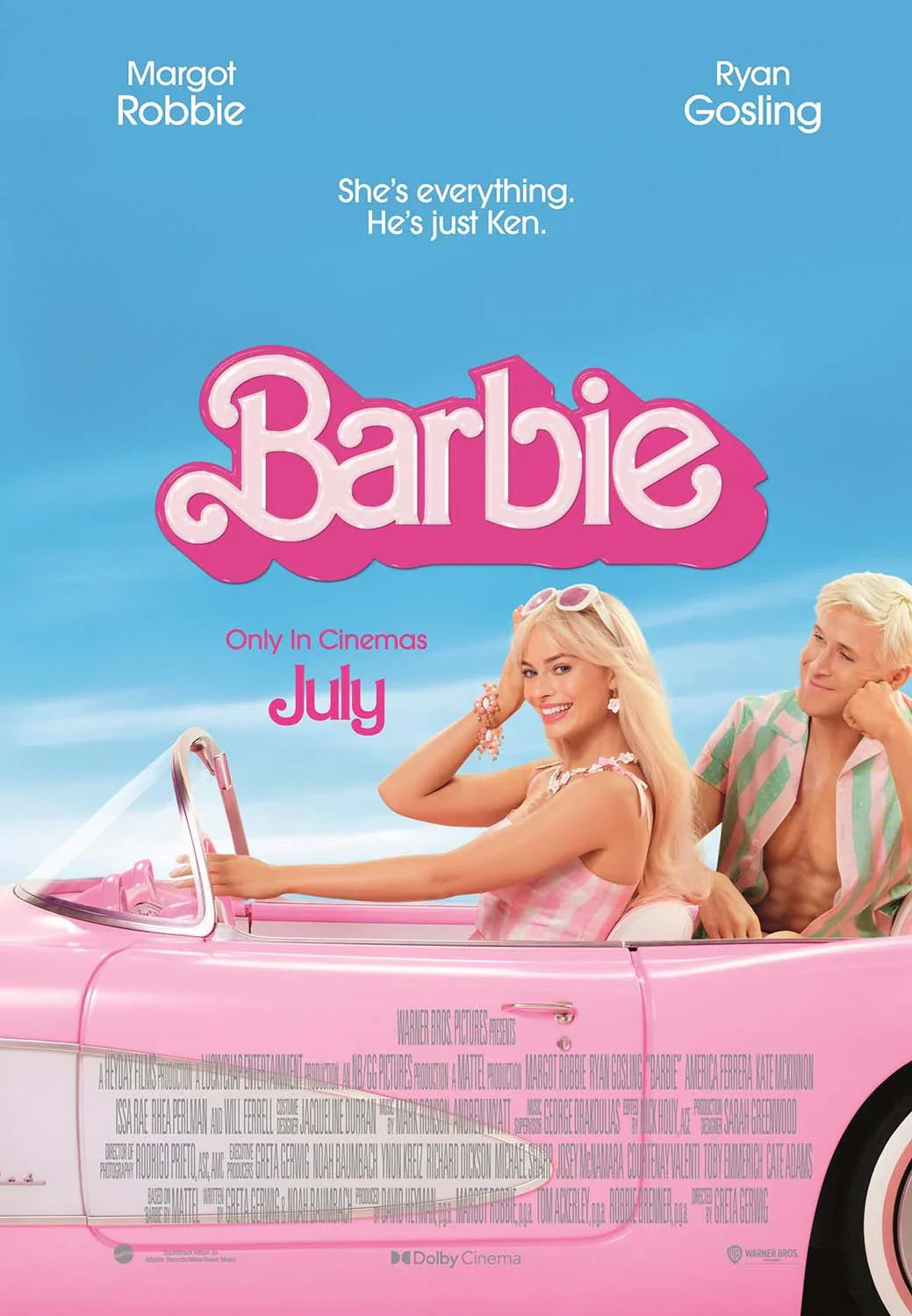 Official poster for the Barbie 2023 movie showing Margot Robbie (Barbie) and Ryan Gosling (Ken) smiling in a pink convertible against a bright blue sky, with the large pink title logo.