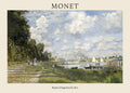 Iconic 1872 Claude Monet painting titled Bassin d'Argenteuil, depicting a vibrant river scene with sailboats, strolling figures, and dramatic white clouds.