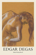 Edgar Degas pastel drawing, Bather Drying Herself, featuring a nude female figure bent over on ochre paper with white highlights and warm tones.
