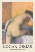 Soft pastel drawing by Edgar Degas showing a nude female figure stepping into a tub, rendered in Impressionist style from 1890.
