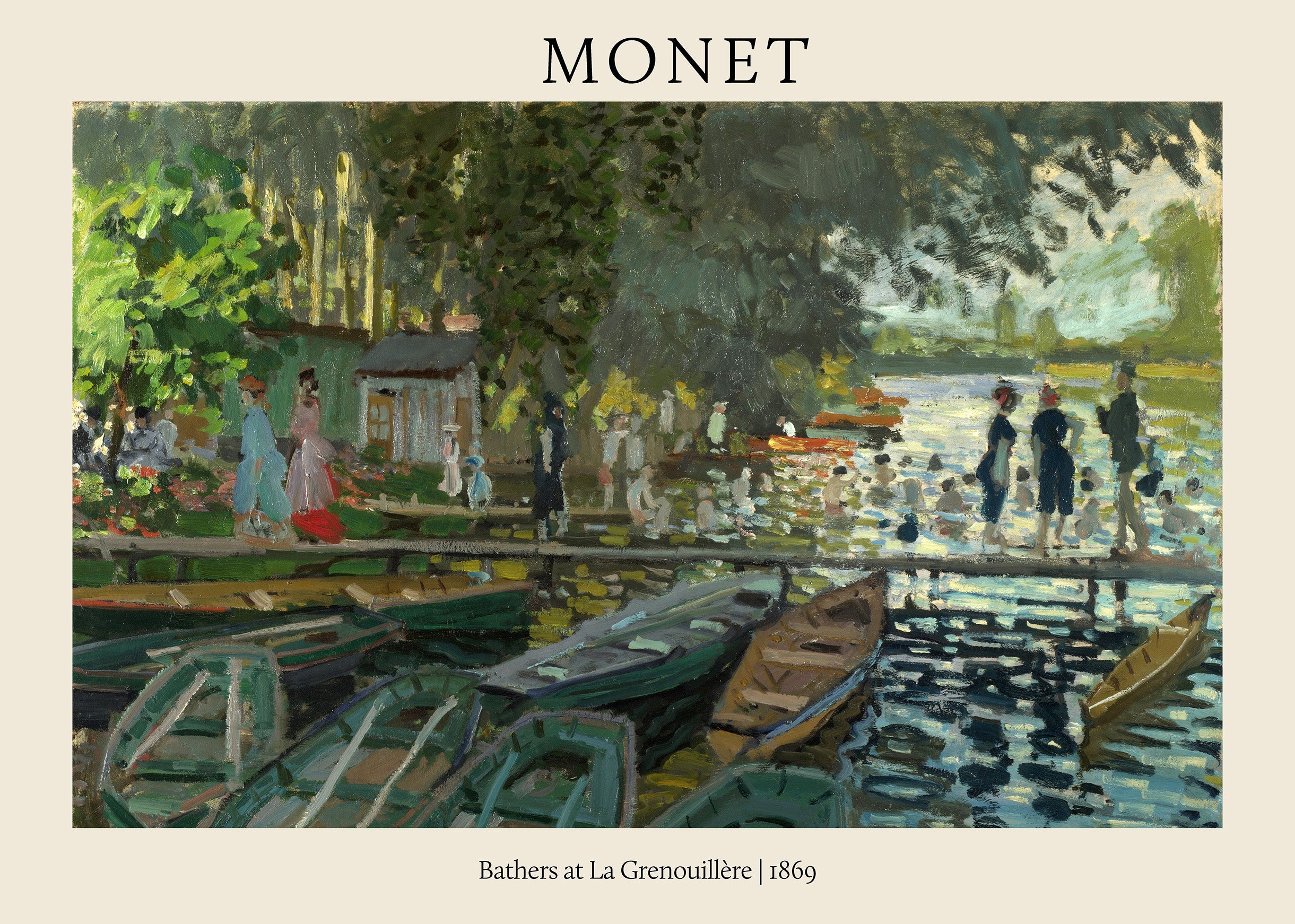 Claude Monet painting showing a group of figures and bathers on a riverbank with green rowboats in the foreground, capturing shimmering light.