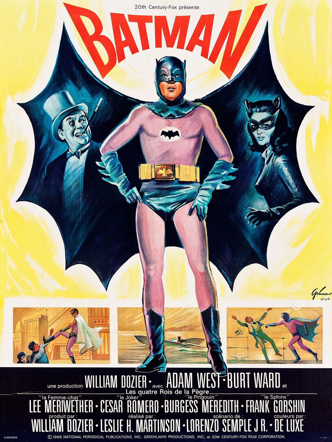 French language poster for the 1966 Batman movie showing Adam West as Batman flanked by The Penguin and Catwoman.