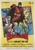 Dynamic Batman 1966 Italian movie poster featuring Adam West exploding out of a collage of villain scenes (Joker, Catwoman, Penguin) on a bright yellow background.