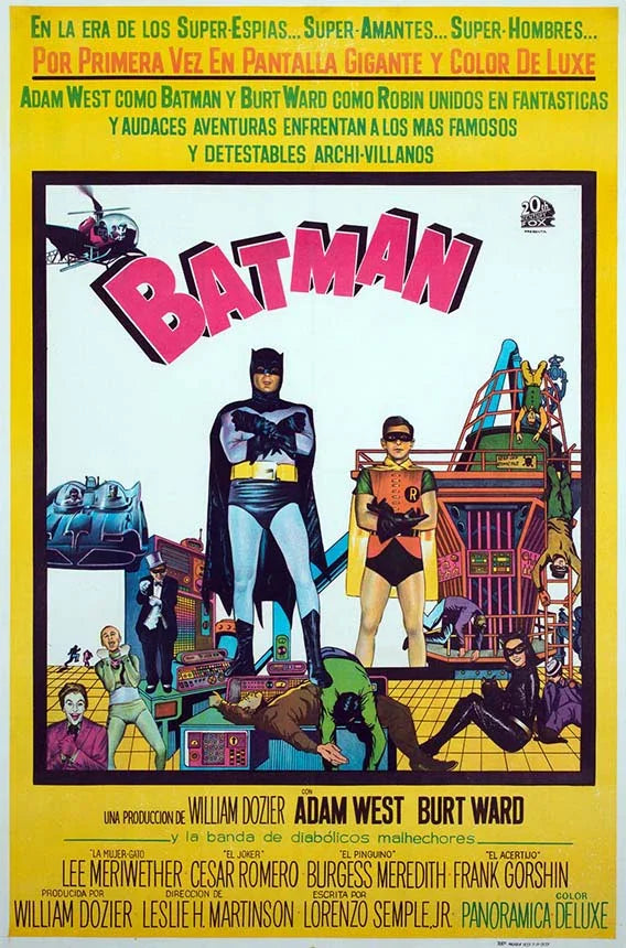 Vintage Argentinian movie poster for Batman (1966) featuring Adam West and Burt Ward surrounded by colorful villains, including Joker, Penguin, and Catwoman.