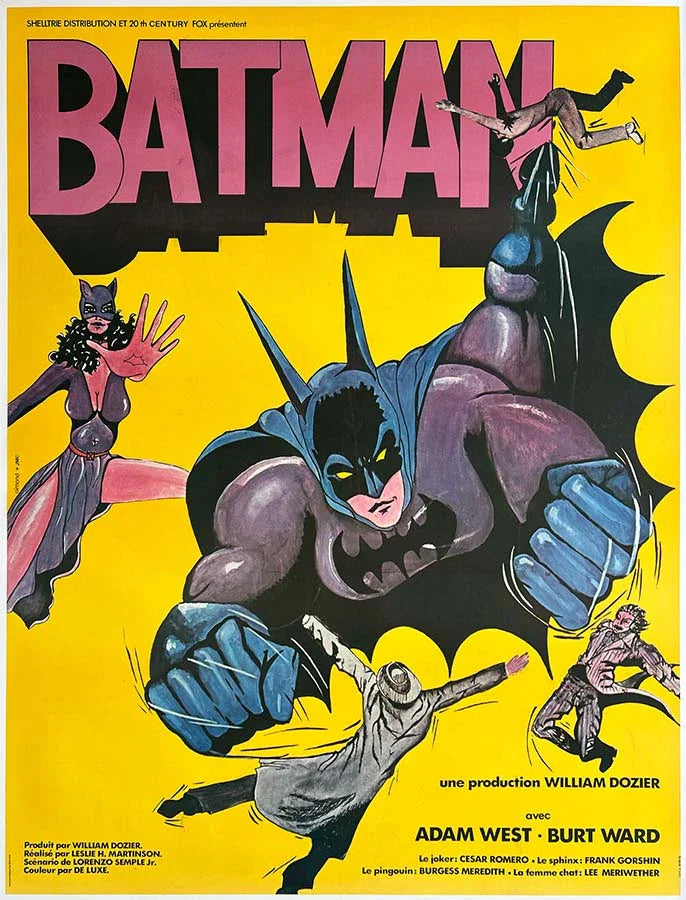 Illustrated French poster for the 1966 Batman movie, featuring a massive Batman punching while Catwoman looks on against a bright yellow, pop-art background.