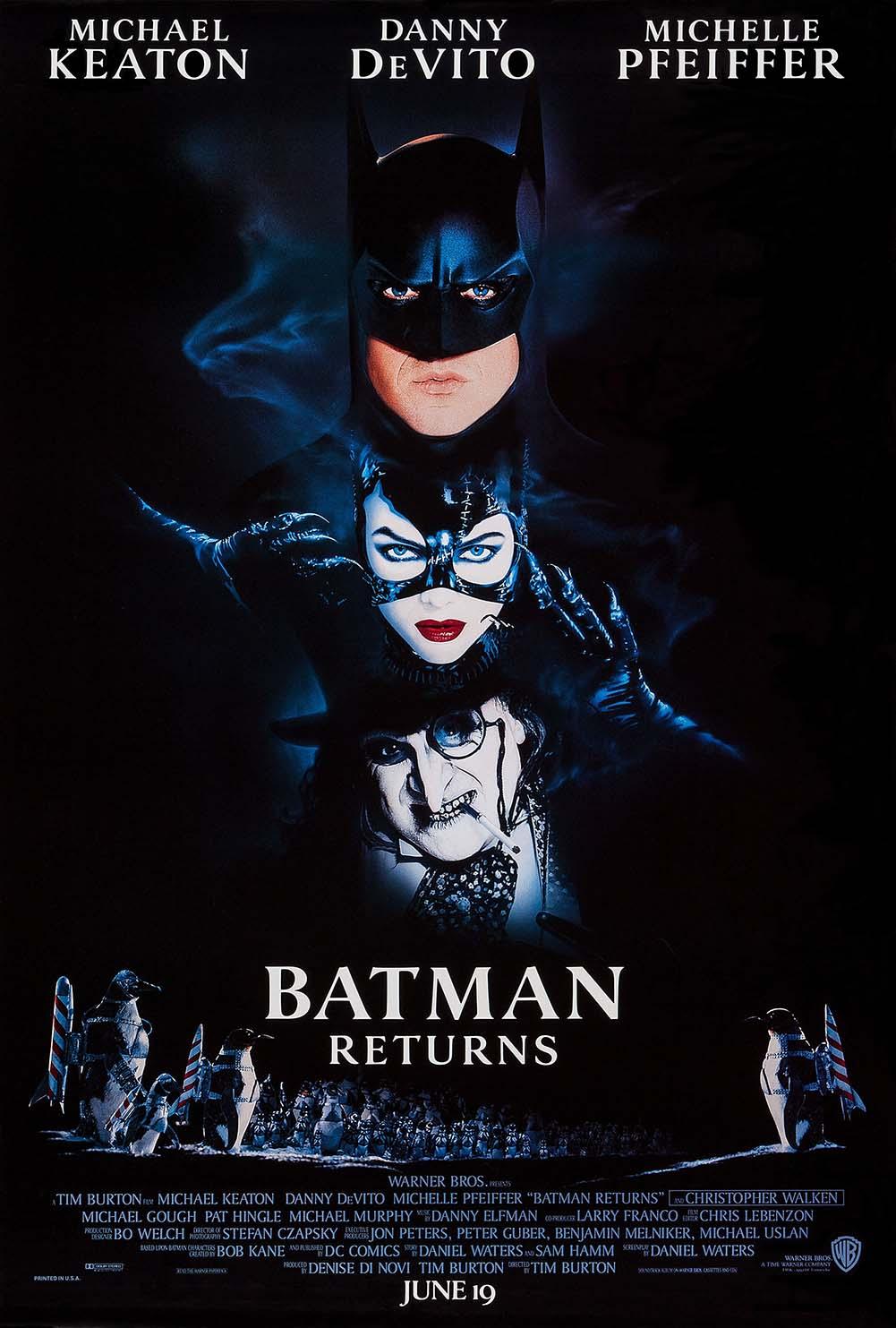 The original theatrical movie poster for Batman Returns (1992), showing Batman, Catwoman (Michelle Pfeiffer), and The Penguin (Danny DeVito) against a dark, moody Gotham backdrop.