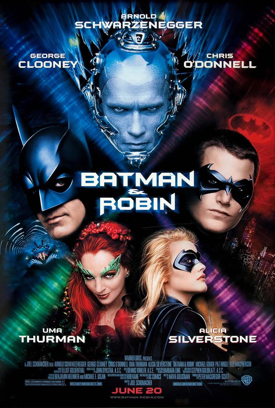 Original theatrical poster for Batman & Robin (1997) featuring the main cast: Batman, Robin, Mr. Freeze, Poison Ivy, and Batgirl, set against a dark, neon-lit cityscape.