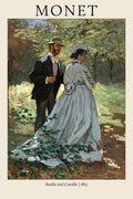 Claude Monet's 1865 painting "Bazille and Camille" showing Frédéric Bazille and Camille Doncieux walking in a lush green garden. The woman wears a sweeping light blue dress.