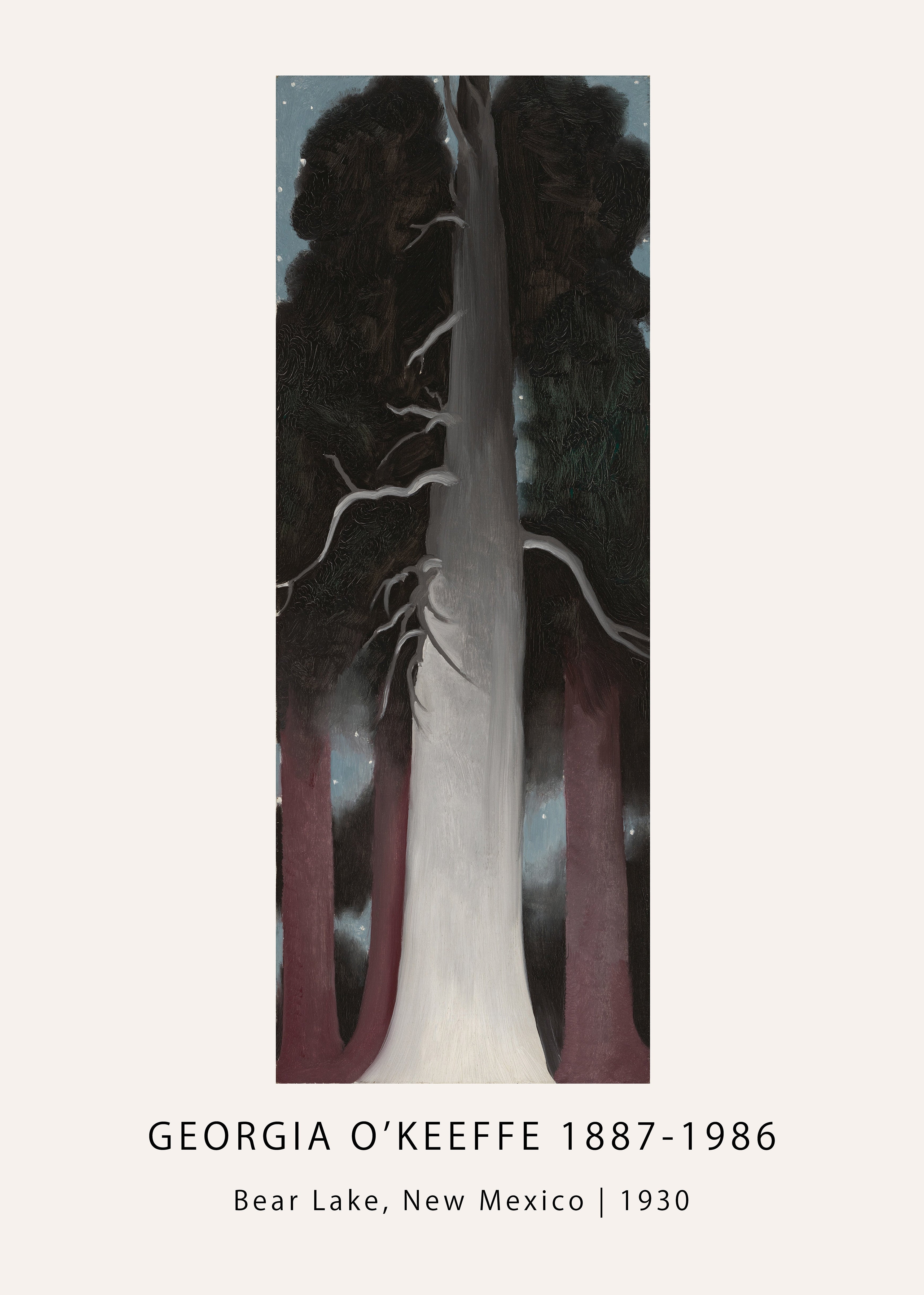 Georgia O'Keeffe's vertical oil painting, Bear Lake (1930), depicting a luminous white central tree trunk between dark cypress trees under a starlit night.