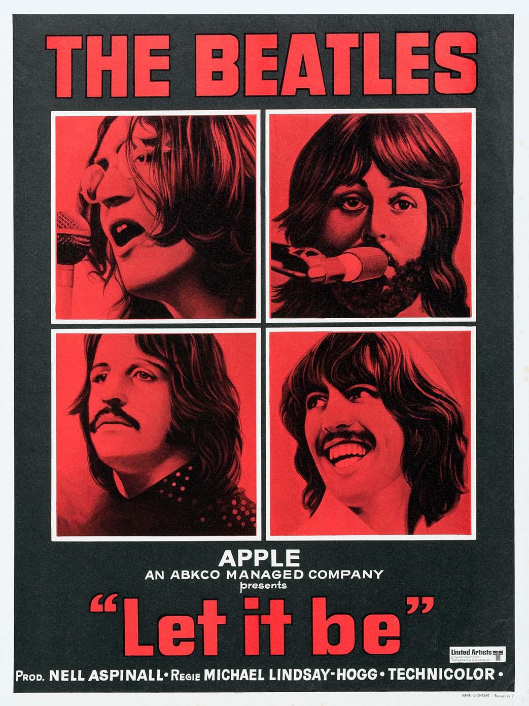 Belgian movie poster for The Beatles' documentary "Let It Be" (1970), featuring the four band members in red pop art style quadrants.