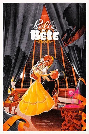 Beauty and the Beast poster featuring Belle in a yellow dress and Beast embracing inside a gothic castle with enchanted rose and candles