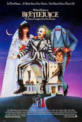 Original 1988 Beetlejuice movie poster featuring Michael Keaton, Geena Davis, and Alec Baldwin in iconic ghostly poses above the haunted house setting.