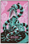 Beetlejuice-themed artwork featuring a large snake with blue and black stripes coiled around a gothic house under a pink cloudy sky.