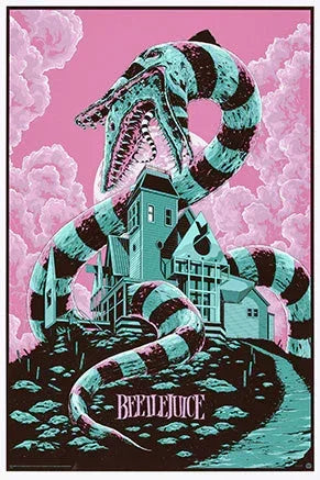 Beetlejuice-themed artwork featuring a large snake with blue and black stripes coiled around a gothic house under a pink cloudy sky.