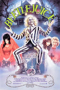 Beetlejuice movie poster with ghostly characters, striped-suit Beetlejuice, haunted house, and eerie graveyard