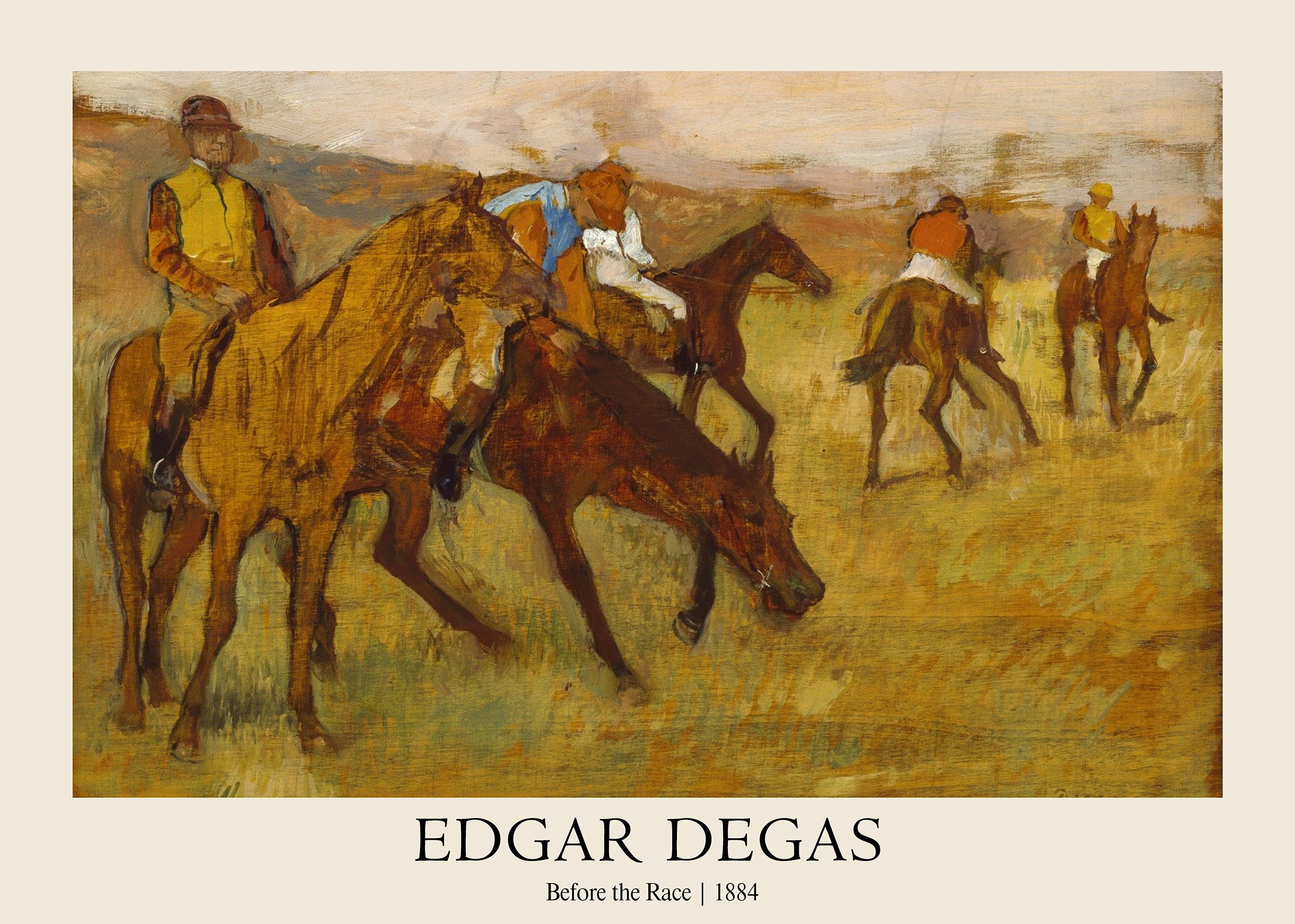 Impressionist oil painting by Edgar Degas depicting four jockeys on brown racehorses preparing for a contest.