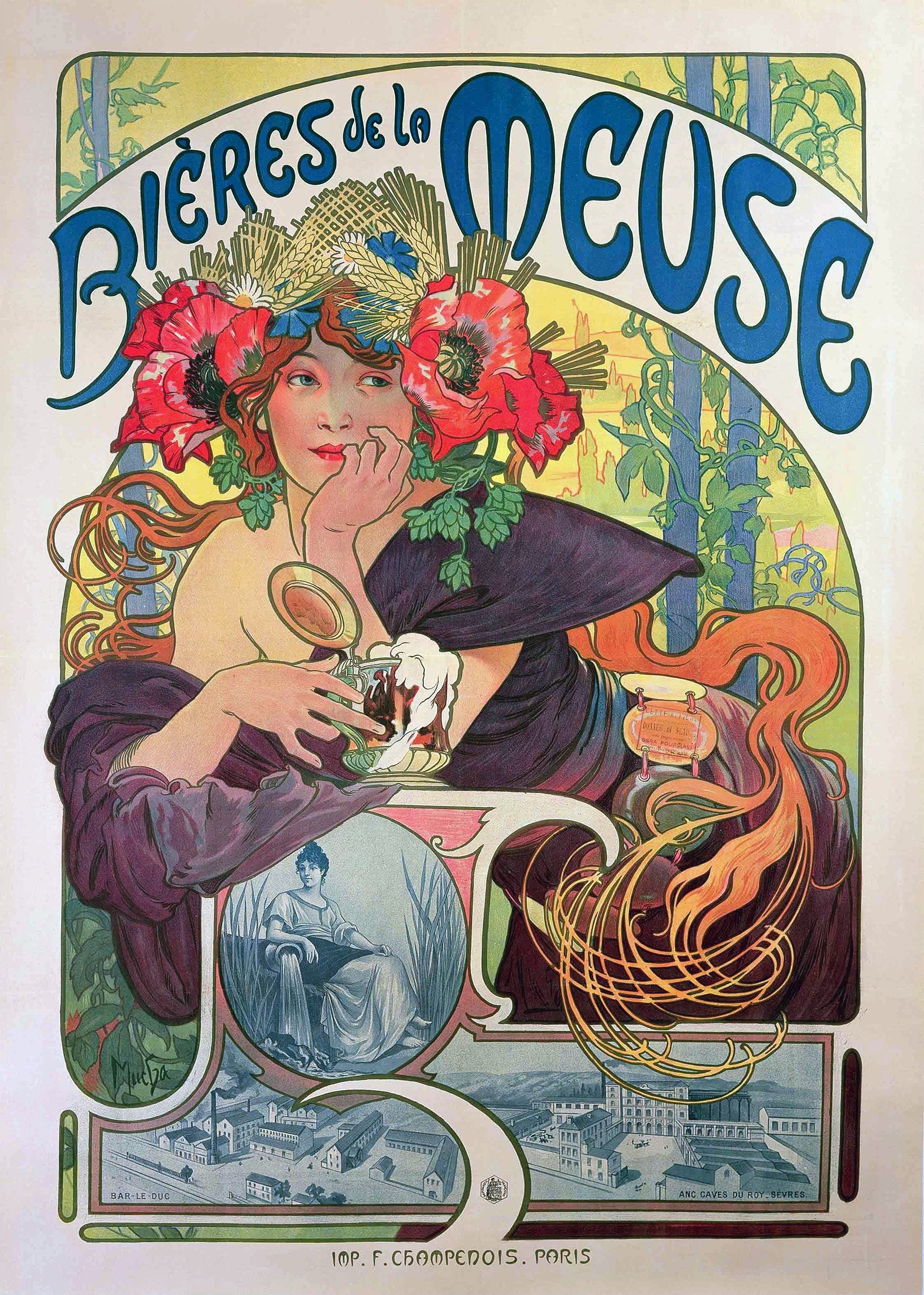 Alphonse Mucha's 1897 Art Nouveau advertising poster for Bières de la Meuse, featuring a woman crowned with poppies and wheat holding a glass of beer.