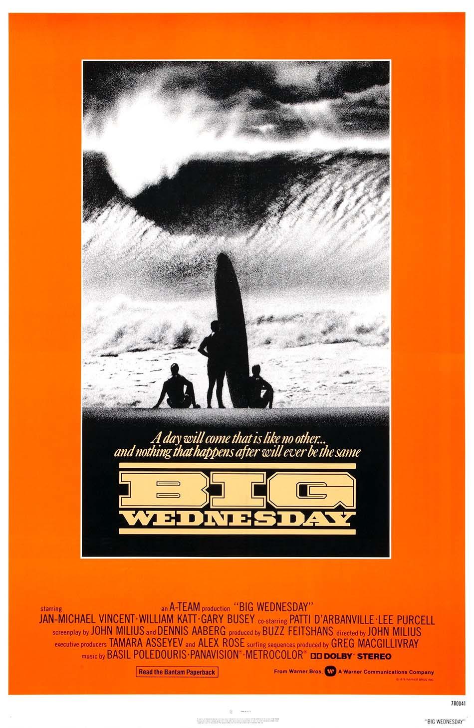 Original Big Wednesday 1978 movie poster featuring three silhouetted surfers standing on the beach before a dramatic crashing wave.
