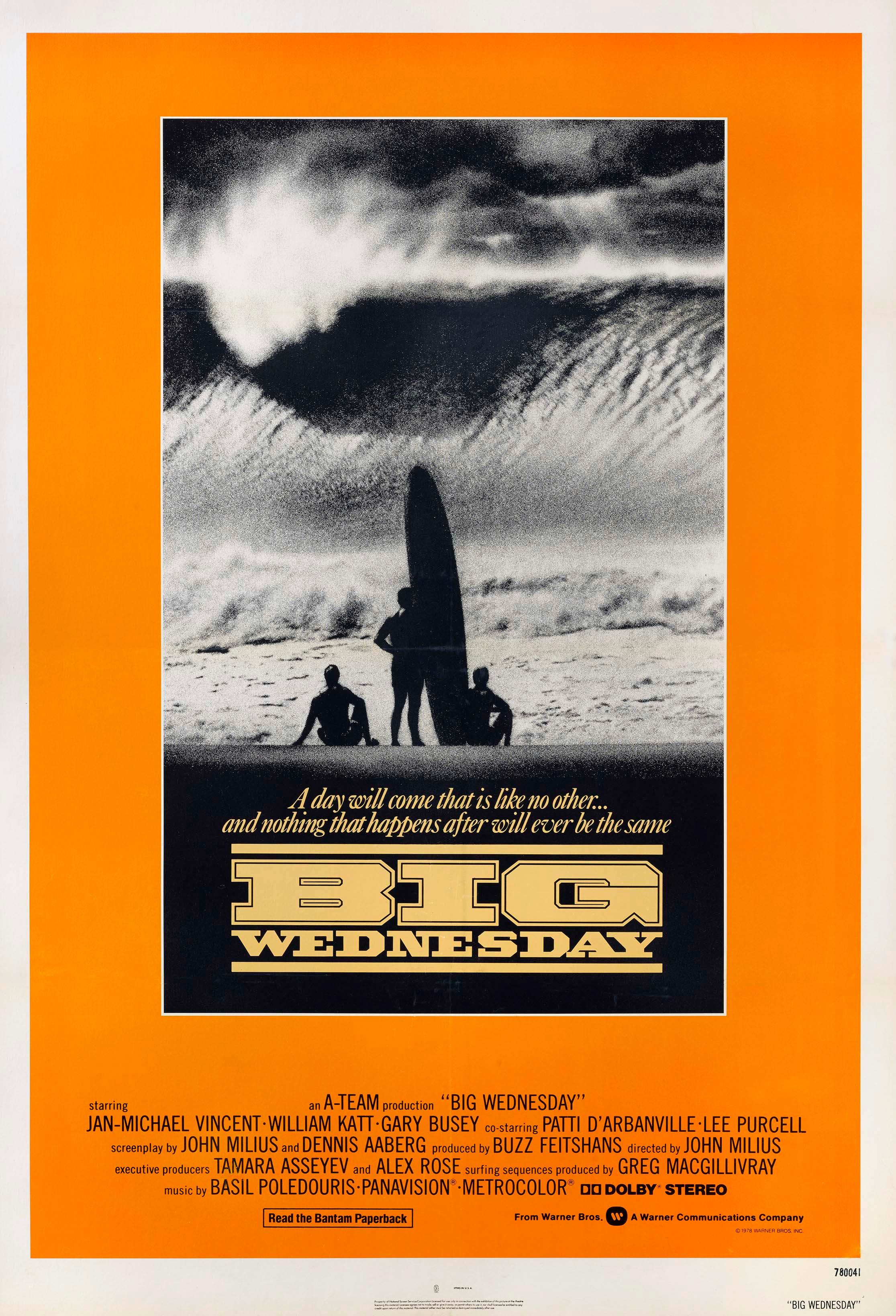 Original Big Wednesday 1978 movie poster featuring three silhouetted surfers against a giant, grainy black and white wave and bright orange border.
