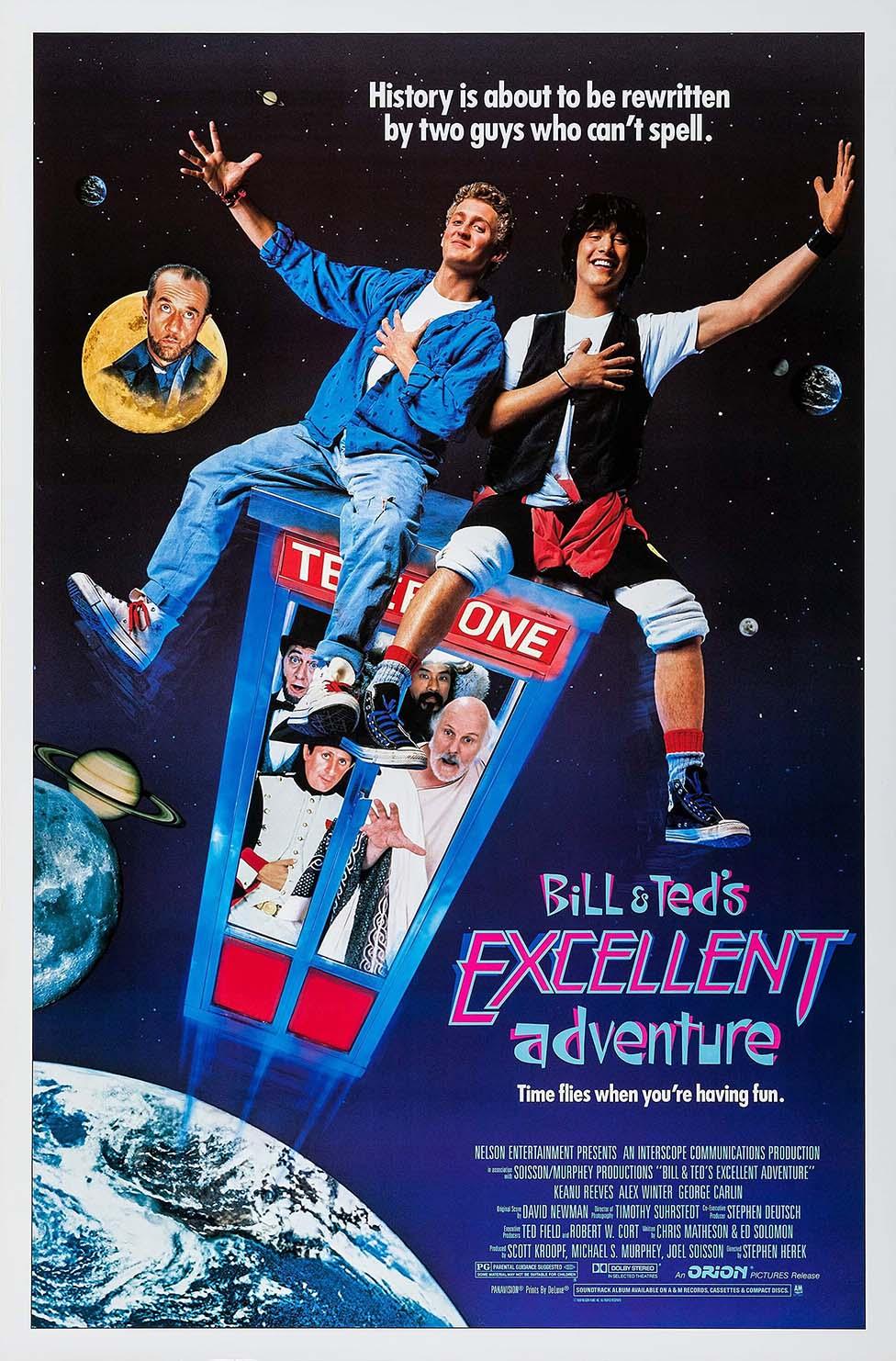 Keanu Reeves and Alex Winter as Bill and Ted riding their time-traveling telephone booth through space on the original 1989 movie poster artwork.