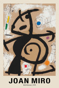 Joan Miró's 1978 abstract painting, "Bird Woman," featuring bold black graphic lines, white textured background, and primary color spots on tan paper.